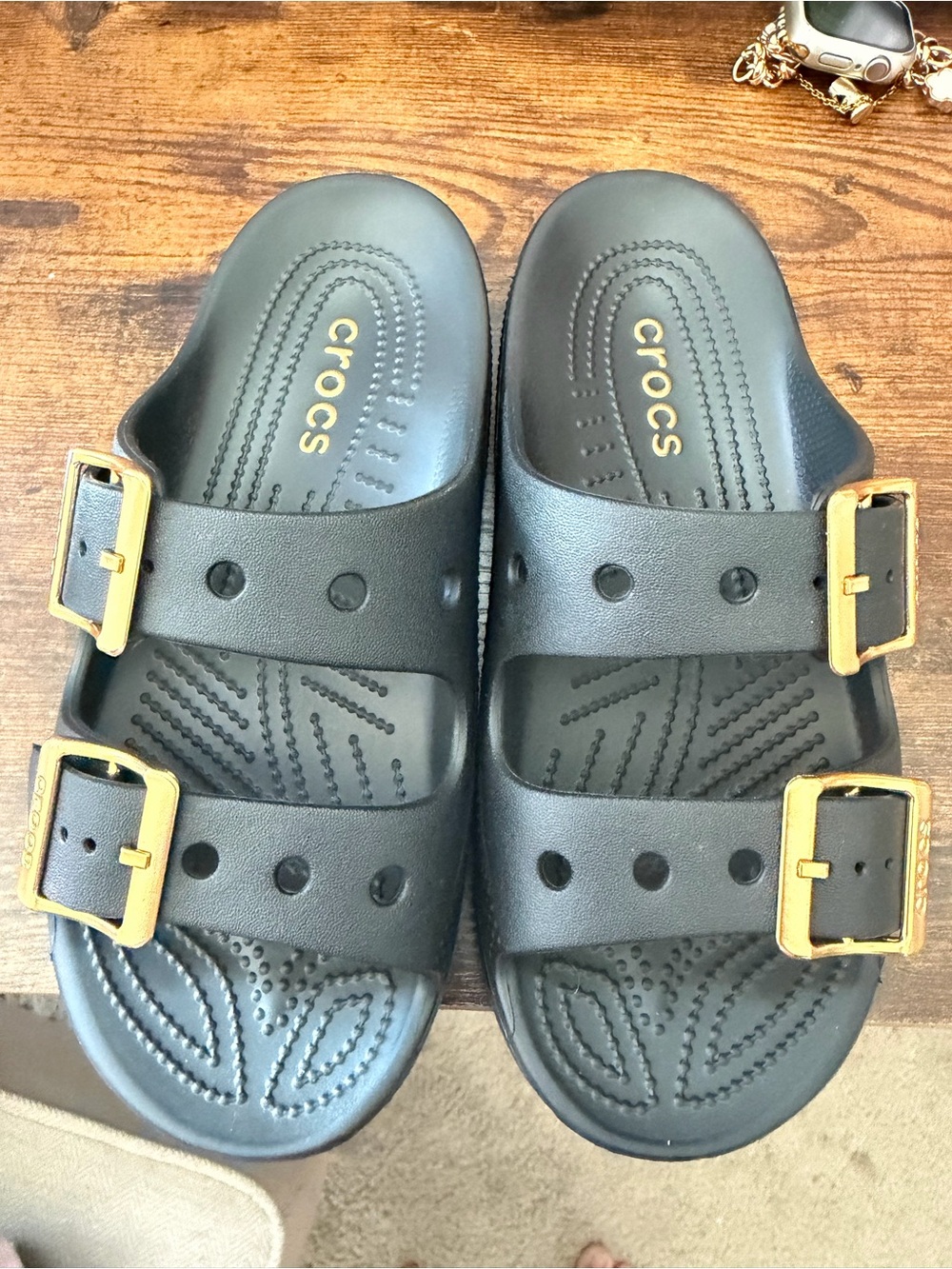 CROCS Black Slide Sandals with Gold Buckles - Double Strap